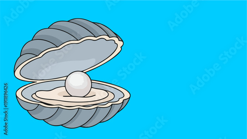 Cartoon Open Oyster Shell with Glowing White Pearl on Bright Blue Background Copy Space