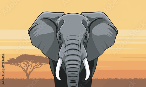A powerful close-up portrait of an African elephant standing in a golden savanna at sunset, with a silhouette of an acacia tree in the background.