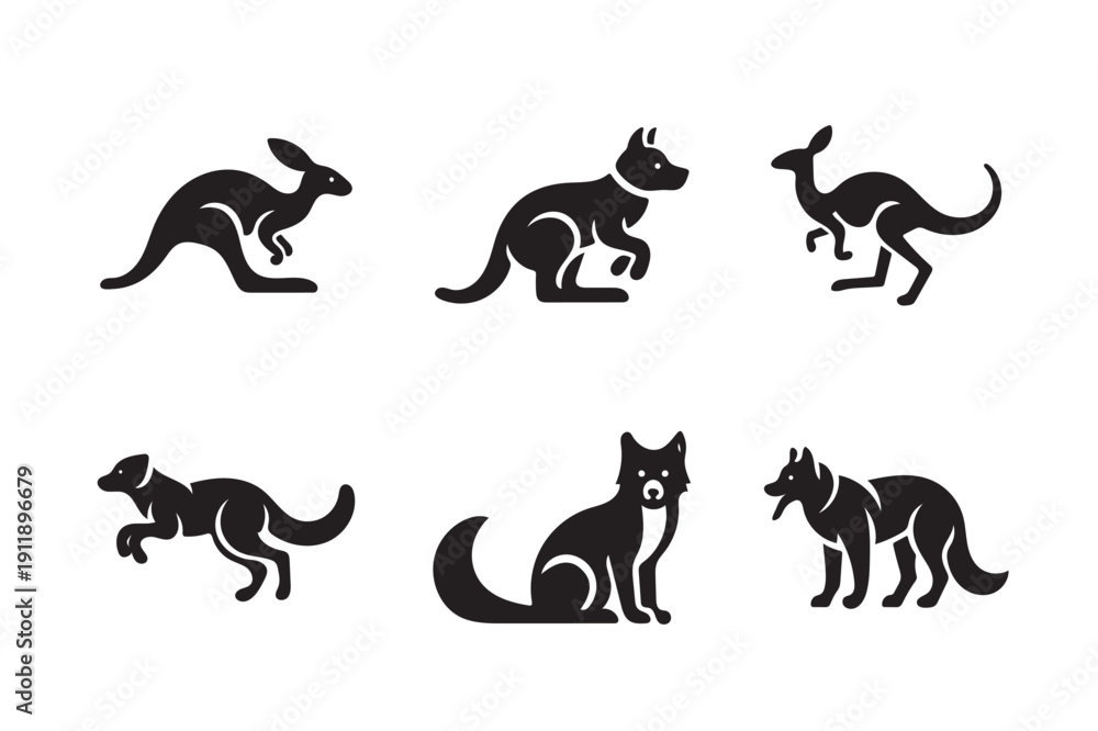 Obraz premium Modern Animal Silhouette Icon Set with Kangaroo and Dog Vector on White Background.