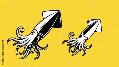 Minimalist Black and White Squid Duo Illustration on Bright Yellow Background