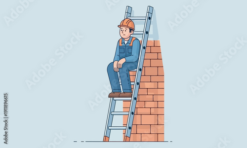A humorous yet poignant illustration of a construction worker sitting sadly on top of a very tall ladder that is leaning against a narrow brick chimney, with no way to get down easily.