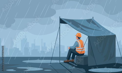 A flat illustration of a construction worker in an orange vest and hard hat sitting under a makeshift dark tarp shelter while watching a heavy rainstorm over a city skyline.