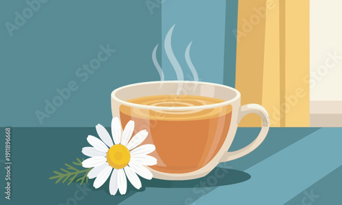 A warm and cozy illustration of a transparent glass cup filled with amber-colored tea, featuring steam rising and a fresh chamomile flower resting on the table next to it.