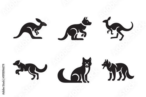 Modern Animal Silhouette Icon Set with Kangaroo and Dog Vector on White Background.