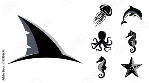 Black and White Vector Icons Set of Marine Sea Life Shark Fin Dolphin Jellyfish Octopus Seahorse and Starfish
