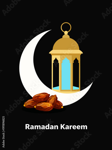 Ramadan Kareem Greeting with Lantern and Crescent Moon 