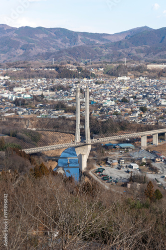 冬の秩父ミューズパーク展望台から望む秩父公園橋と市街地の全景