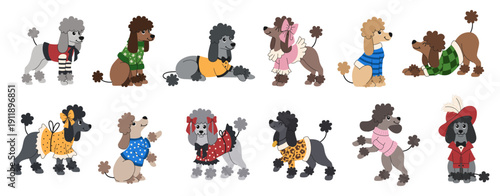 Cute cartoon poodle dogs in fashion clothes. Hand drawn doodle style poodles wearing sweaters dresses and hats. Funny dog character collection for stickers prints and nursery design. Vector set.