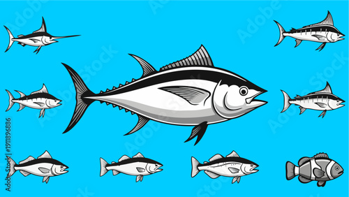 Collection of Detailed Tuna Fish Illustrations and Sea Life Vector Set on Bright Blue Background