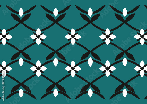 Elegant teal pattern with black lattice lines and small white flower motifs in a repeat design.