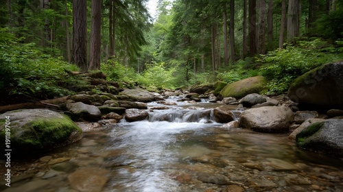 A serene forest creek flowing over rocks in a lush woodland