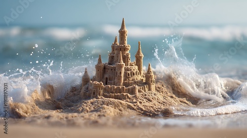 Intricate Sandcastle on a Beach Hit by Waves, Representing Ephemeral Beauty and Childhood Fun