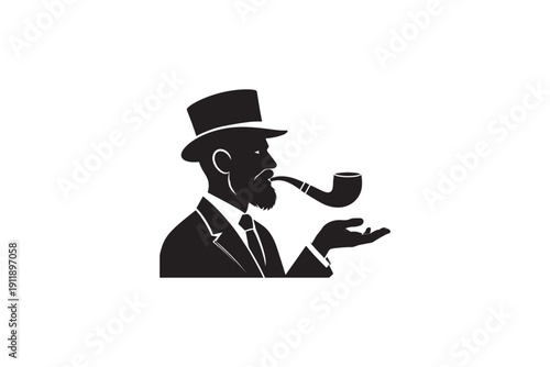 Gentleman in top hat and suit smoking wooden pipe silhouette profile with hand gesture isolated on white background representing classic vintage style