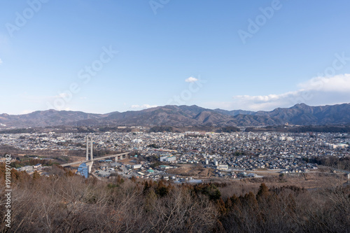 冬の秩父ミューズパーク展望台から望む秩父公園橋と市街地の全景