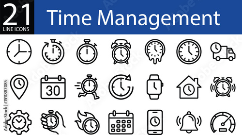 Time management line icon set in minimalist style, clocks, timers, calendars, alarms, and schedules