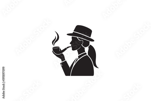 Woman detective silhouette wearing hat and suit smoking pipe with rising smoke trail isolated on white background depicting classic mystery character