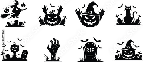 Halloween Silhouette Set Featuring Spooky Witch Flying on Broomstick Pumpkins Grave Tombstones Scary Cats and Undead Hands for Holiday Decor, cad drawing flat vector illustration