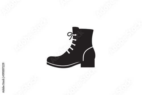 Black silhouette of a lace up boot with heel and laces tied, isolated on white background, fashion footwear concept