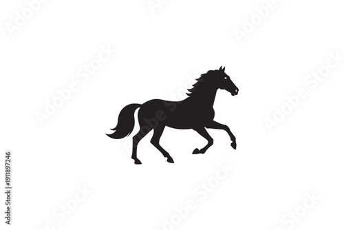 Black silhouette of a horse running with mane flowing, isolated on white background, dynamic animal motion