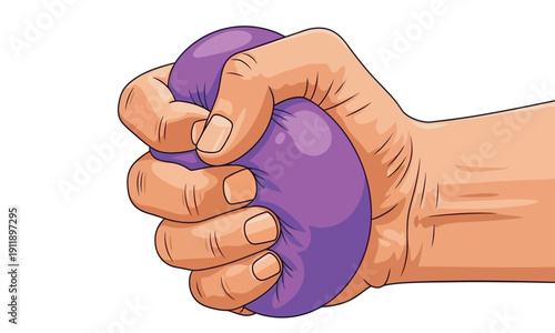 A close-up illustration of a human hand firmly squeezing a purple stress ball to relieve tension.