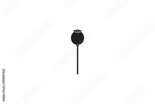 Simple black silhouette of a poppy seed capsule on a single stem, against a plain white background for botanical icon