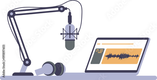 Podcast Studio Setup with Microphone, Headphones and Laptop Sound Wave