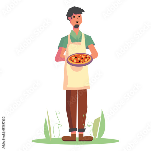 Italian Pizza Maker Holding Fresh Pizza Flat Vector Illustration