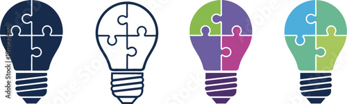 Set of four lightbulb icons made of puzzle pieces in solid, line, and colorful styles for creative collaboration