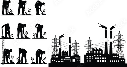 Black Silhouette Set of Industrial Factory with Smoking Chimneys and Workers Planting Trees for Environmental Protection Sustainability Ecology and Green Energy Transition Concepts