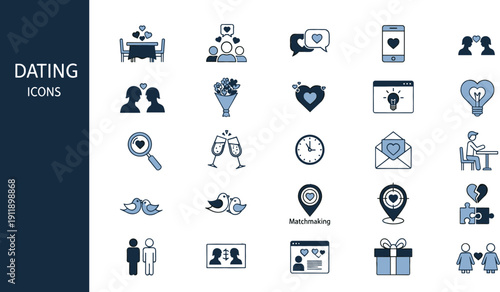 Romantic dating and relationship icon set featuring couples matchmaking online dating hearts dinner dates and love connection symbols