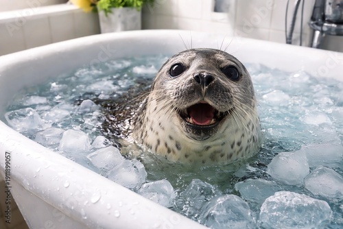 photo of a walrus swimming in a bathtub filled with water and ice cubes