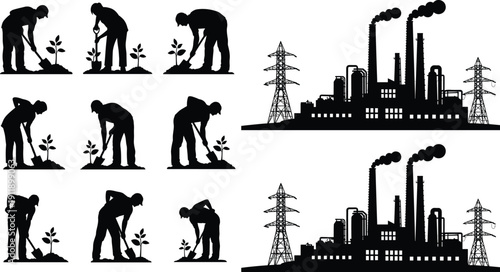 Black Silhouette Set of Industrial Factory with Smoking Chimneys and Workers Planting Trees for Environmental Protection Sustainability Ecology and 