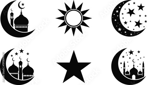 Black Silhouette Set of Islamic Mosques with Crescent Moons and Stars Plus Sun and Geometric Star Icons for Ramadan Kareem Eid Mubarak Religious Designs
