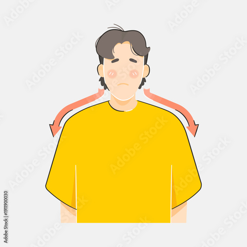 Man ache neck, shoulder, trapezius, and spine. Male office worker muscle stiffness overworked. Vector illustration    