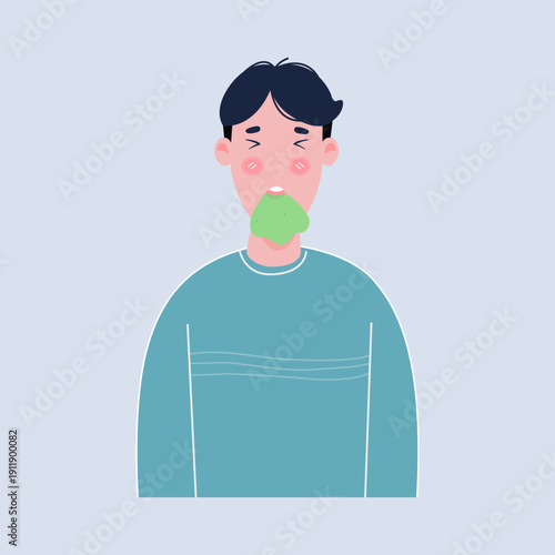 Sick man feels unwell, dizzy, nauseous and vomits. Suffering from food poisoning. Vector illustration    