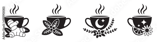 Herbal tea vector icons set, natural and organic tea collection, wellness symbols, healthy beverage icons, herbal drink illustrations, herbal wellness graphics, natural remedy symbols