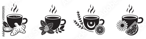 Herbal tea vector set, organic tea icons collection, wellness symbols, healthy drink illustrations, natural beverage graphics, herbal infusion icons, organic wellness symbols, tea lifestyle graphics