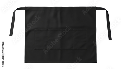 Black Cotton Half Apron with Double Pocket and Tie Straps Isolated on Transparent Background