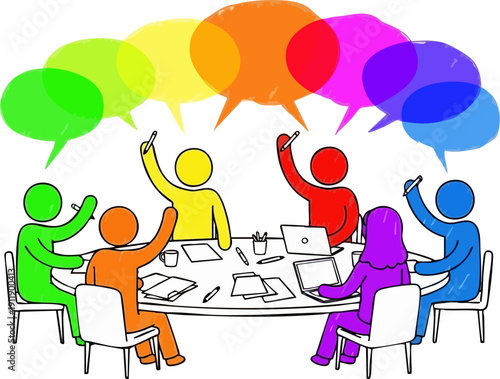 Vector illustration of diverse people in colorful shirts sitting around a white oval table with laptops and papers, raising hands under vibrant speech bubbles.