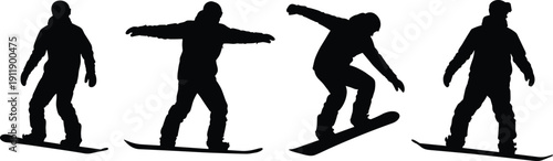 Black Silhouette Set of Snowboarders Performing Various Stunts and Jumps on Snowboards for Winter Sports Action Extreme Outdoors Adventure and Mountain Vacation Graphic Design