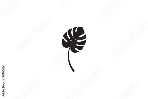 Monstera deliciosa leaf silhouetted against white background, tropical plant, exotic foliage, jungle flora, botanical illustration, clean design, natural beauty, fresh green element, minimalist art