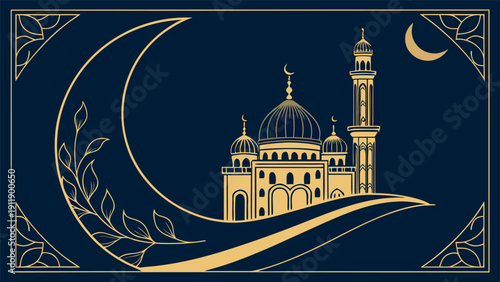 Golden Mosque Under the Crescent Moon: An enchanting illustration of a mosque, illuminated by a crescent moon. Its minaret stands tall, exuding an aura of serenity. A symbol of Islamic culture.