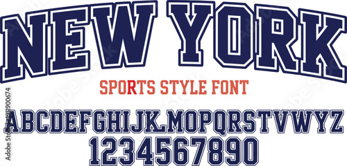 New York Sports Style Vector Font Set Featuring Arched Navy Blue Collegiate Varsity Alphabet and Numbers with Outlines for Athletic Team Branding and Apparel Design