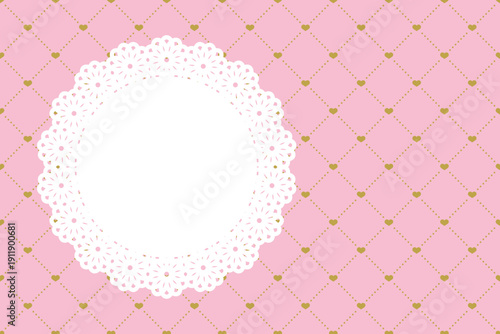 ハート入りキルティング風模様のパターン(ピンク＆ゴールド)に、白いレースのフレームを重ねた、ウエディングやバレンタイン等のグリーティングカード風のベクター背景素材