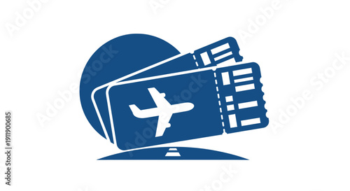 Blue vector icon of two airline boarding passes with an airplane symbol on a circular background