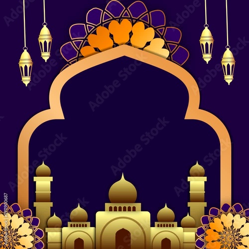 Golden mosque lanterns, archway, and florals on purple backdrop. Suitable for ramadan, islamic festivals, events, and religious designs.