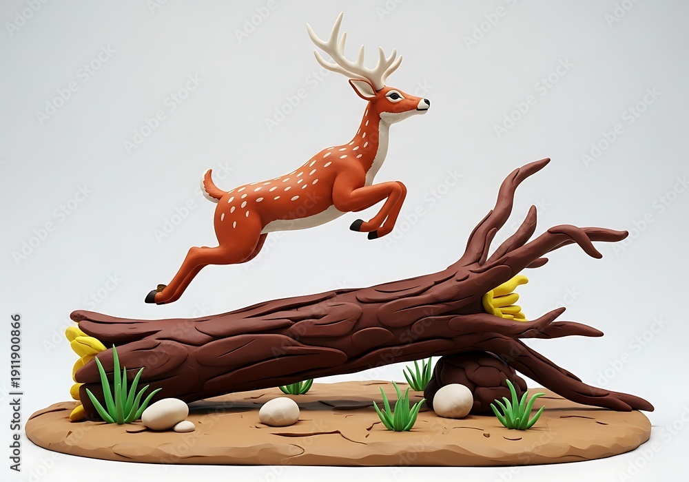 Fototapeta premium Ceramic Deer Figurine Jumping Over Log.