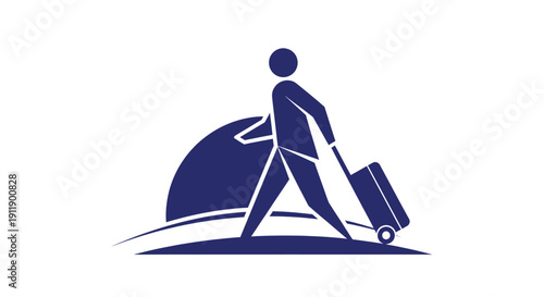 A blue silhouette of a traveler walking with a rolling suitcase against a stylized sun and horizon line.