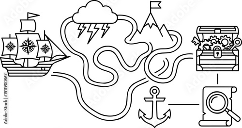 Vector Line Art of Business Adventure Map: Strategic Journey from Ship to Treasure Chest with Gears