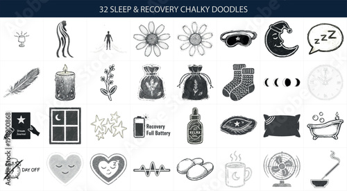 32 Sleep and Recovery Icons - Hand-Drawn Chalky Charcoal Wellness Vector Bundle